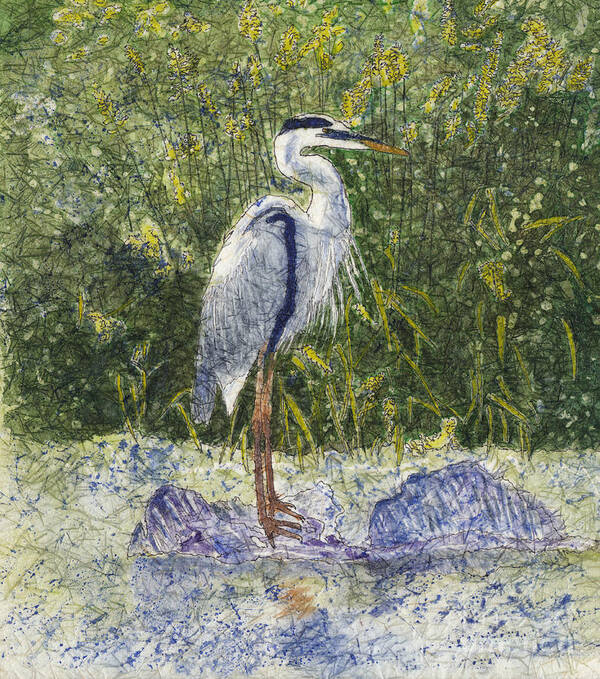 Blue Heron Art Print featuring the painting Blue Heron Watercolor Batik by Conni Schaftenaar