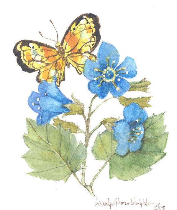 Butterfly Art Print featuring the painting Butterfly with California Bluebells by Carolyn Shores Wright