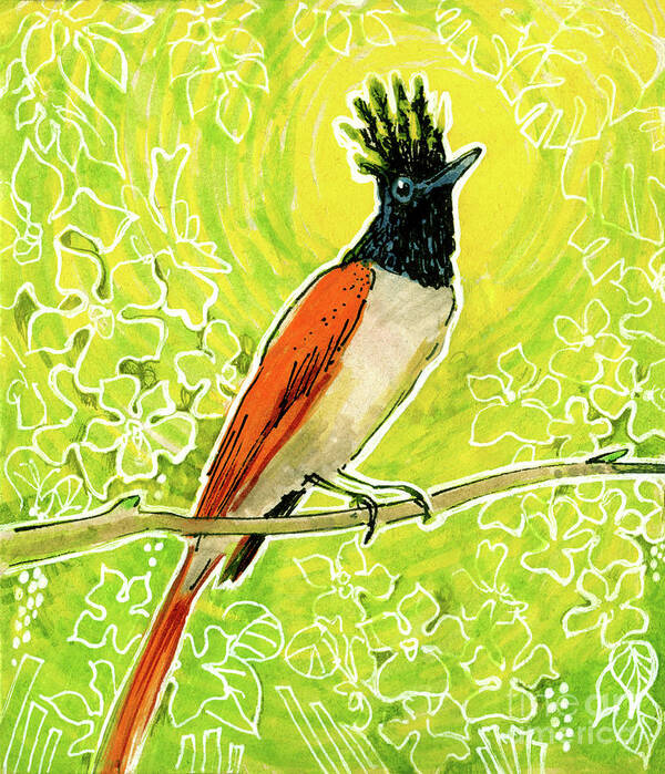 Nature Art Print featuring the mixed media Indian Paradise Flycatcher Tropical Bird by Julia Khoroshikh