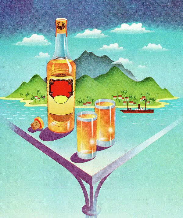 Alcohol Art Print featuring the drawing Liquor Bottle and Drinks In Front Of Island by CSA Images