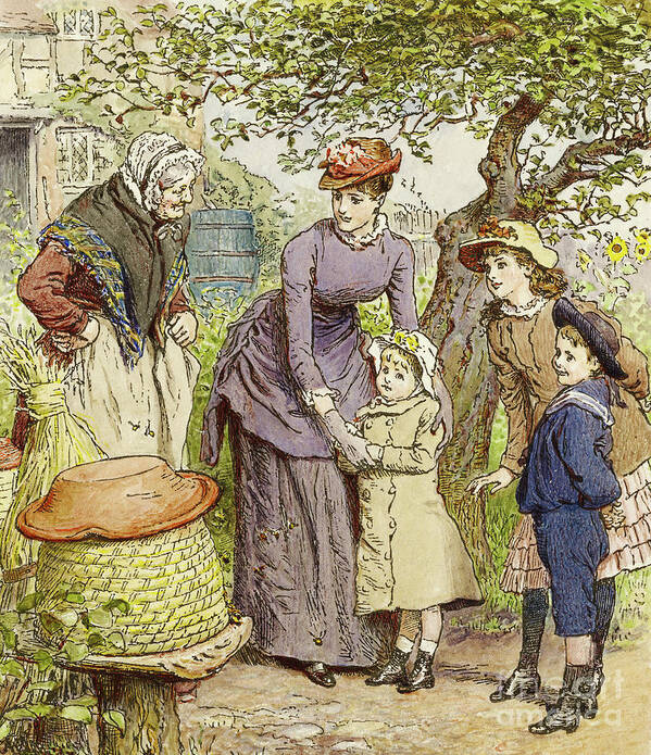 Victorian Art Print featuring the painting Mother and Children by a Beehive by Robert Barnes
