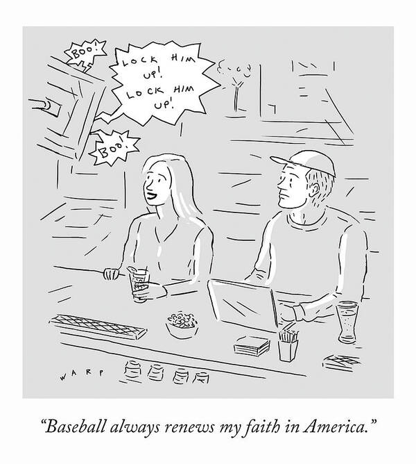 Baseball Always Renews My Faith In America. Art Print featuring the drawing My Faith in America by Kim Warp