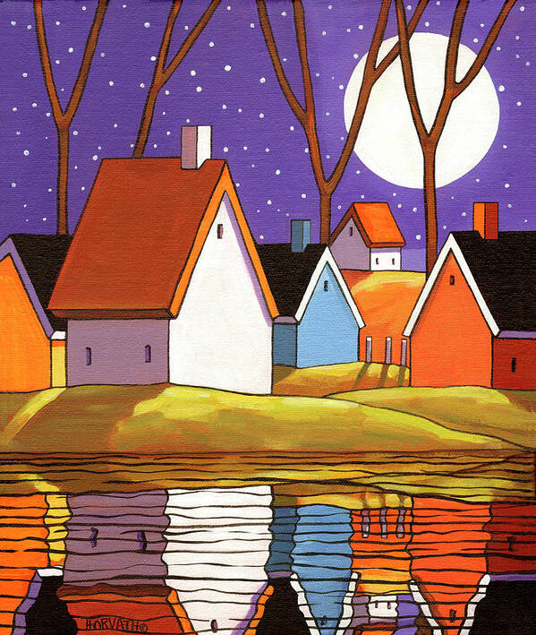 Purple Sky And Stars Cottages Art Print featuring the painting Purple Sky And Stars Cottages by Cathy Horvath-buchanan