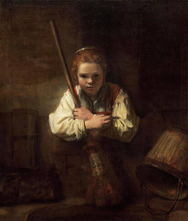 Oil On Canvas Art Print featuring the painting Rembrandt Workshop -Possibly Carel Fabritius- A Girl with a Broom. by Rembrandt Workshop -Possibly Carel Fabritius-