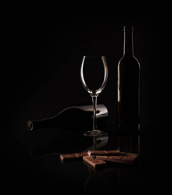 Still Life Low Key Glass Black Wine Chocolate Art Print featuring the photograph Temptations by Margareth Perfoncio