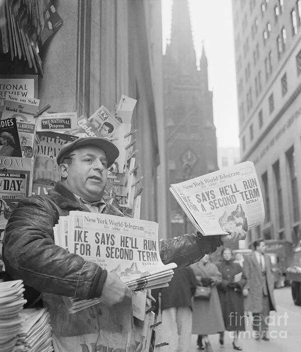 People Art Print featuring the photograph Vendor Holding Paper With Headline by Bettmann