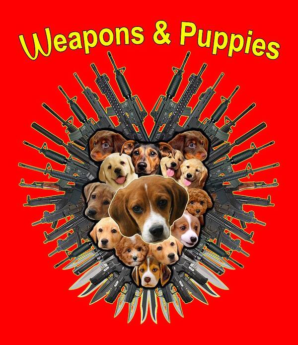 Weapons Art Print featuring the painting Weapon and Puppies by Yom Tov Blumenthal