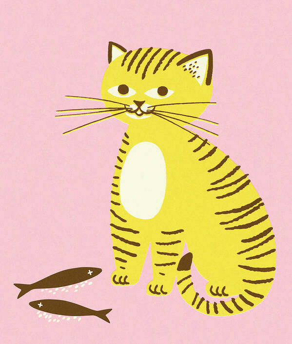 Animal Art Print featuring the drawing Yellow Cat and Two Fish by CSA Images