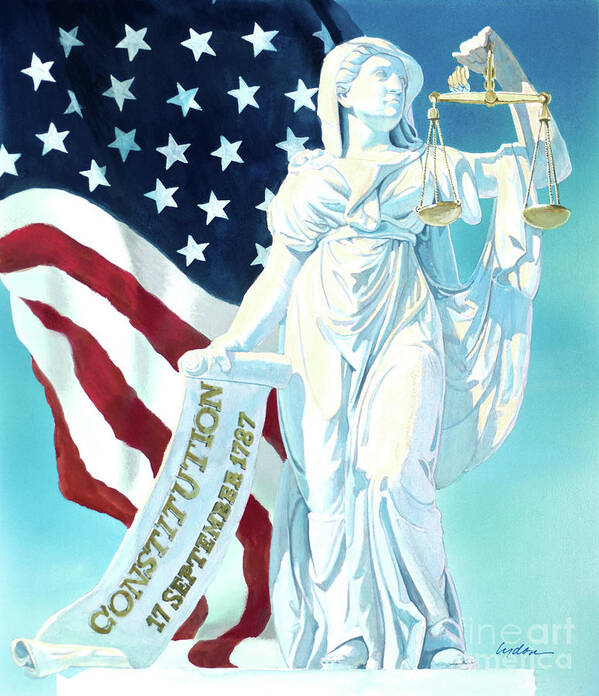 Tom Lydon Art Print featuring the painting America - Genius of America - Justice Holding Scale And Scrolls by Tom Lydon