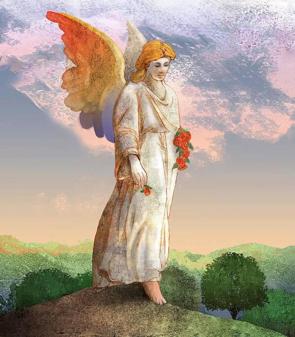 Angel Art Print featuring the digital art Angel with Roses by Cap Pannell