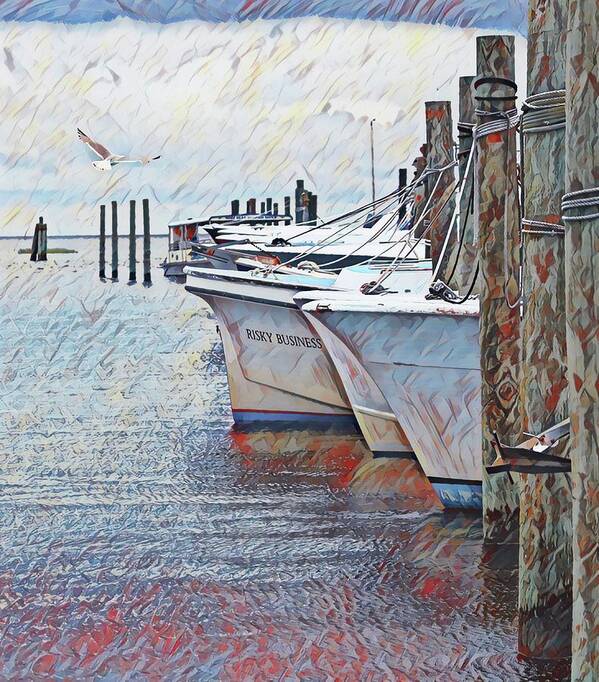 Obx Art Print featuring the digital art Boats And Seagull At Oregon Inlet 2020c by Cathy Lindsey