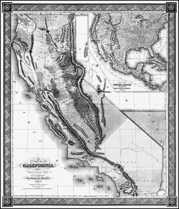California Art Print featuring the photograph California Antique Vintage Map 1852 Black and White by Carol Japp