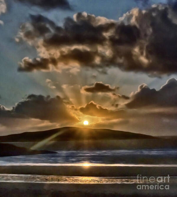 Dramatic Sunset Blue Yellow Round Sun Rays Glen Water Sea Mountain Beautiful Magnificent Stunning Serenity Solitary Nature Powerful Clouds Sky Shining Scotland Harris Highlands Mountains Setting Landscape Panorama Panoramic Breathtaking Spectacular Exciting Mindfulness Relaxing Artistic Unwinding Stylish Exceptional Singular Memorable Phenomenal Eccentric Awesome Electrifying Stimulating Intoxicating Sensational Thrilling Splendid Atmospheric Aesthetic Charming Outer Hebrides Fantastic Magical Art Print featuring the photograph Dramatic sunset at sea and mountains by Tatiana Bogracheva