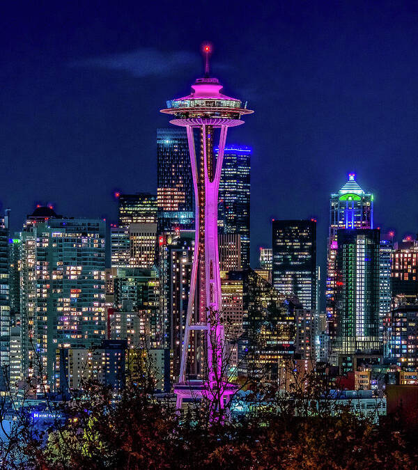 Seattle; Blue Hour; Kerry Park; Seattle Skyline; Seattle Cityscape; Space Needle; Seattle Icon Art Print featuring the photograph Festive Lights by Emerita Wheeling