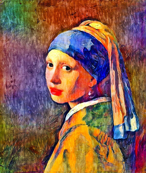 Girl With A Pearl Earring Art Print featuring the digital art Girl with a Pearl Earring by Johannes Vermeer - colorful digital recreation by Nicko Prints