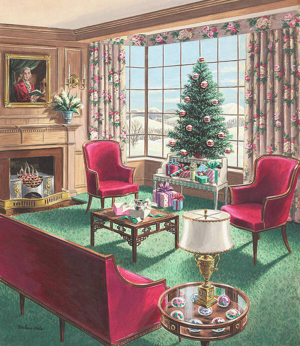  Art Print featuring the painting Illustration of a Christmas Living Room Scene by Urban Weis