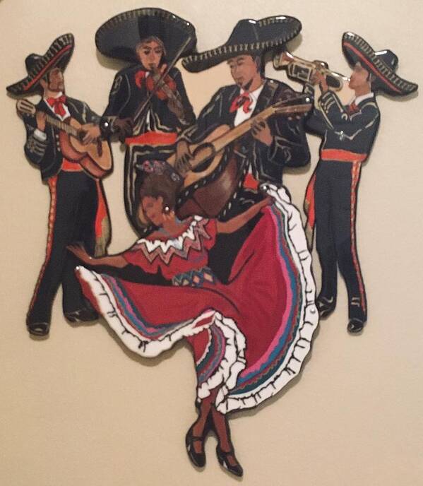 Mariachi Musicians Art Print featuring the mixed media Mariachis and Folklorico Dancer by Bill Manson
