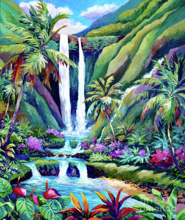 Hawaii Art Print featuring the painting Paradise Falls - Back to Nature by John Clark