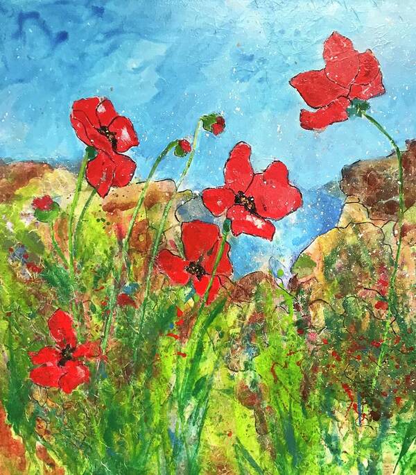 Poppies Art Print featuring the painting Poppies by the Sea II by Elaine Elliott