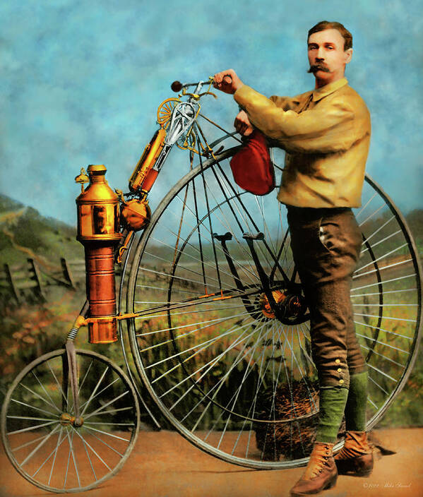 Steampunk Art Print featuring the photograph Steampunk - The Steampowered Bicycle 1884 by Mike Savad