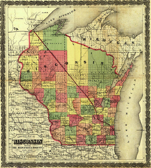 Rails Art Print featuring the drawing Wisconsin showing The Milwaukee and Horicon Rail Road 1857 by Vintage Railroad Maps