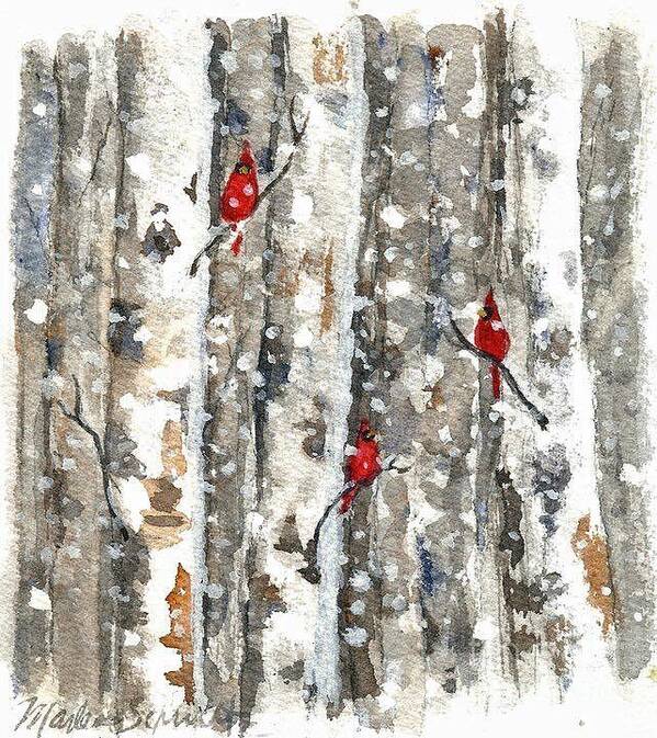 Cardinals Art Print featuring the painting Woodland Cardilals by Marlene Schwartz Massey
