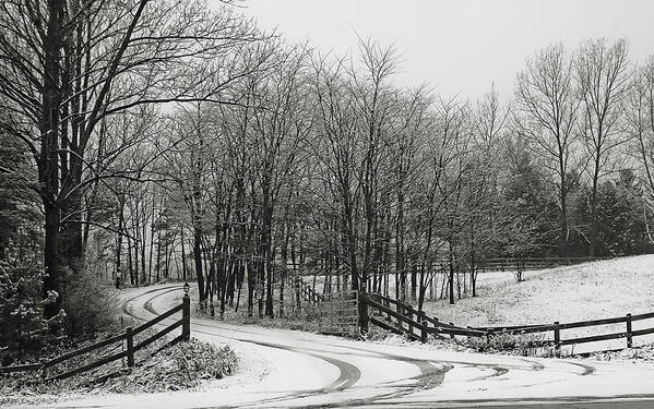 Road Art Print featuring the photograph Road In The Snow Black And White by Tatiana Travelways