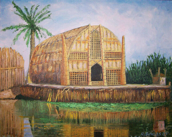 Iraq Art Print featuring the painting Long Hut Of The Marsh Arabs by Ron Bowles