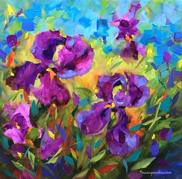 Vanishing Violet Irises Art Print by Nancy Medina