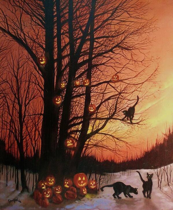 Black Cats Art Print featuring the painting The Pumpkin Tree by Tom Shropshire