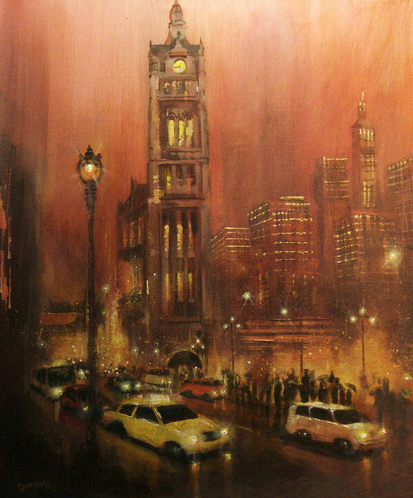 City At Night Art Print featuring the painting Milwaukee City Hall by Tom Shropshire