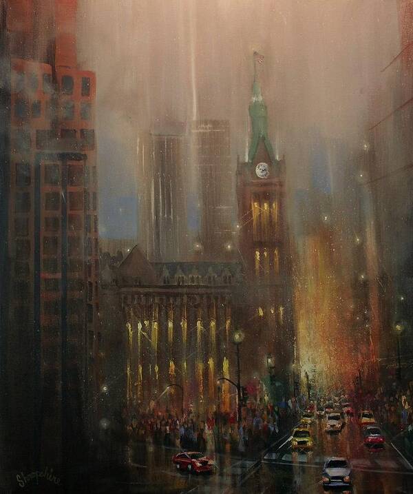 City At Night Art Print featuring the painting Milwaukee Rain by Tom Shropshire