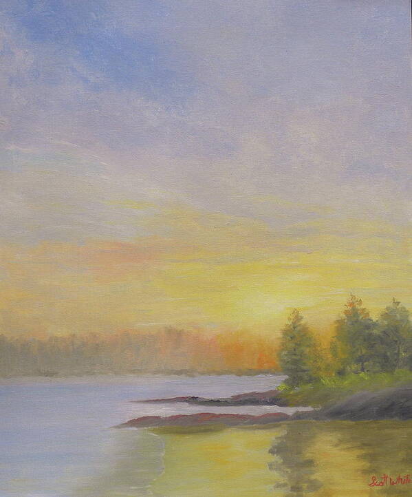 Sunset Beach Ocean Landscape Maine Art Print featuring the painting Pemaquid Beach Sunset by Scott W White