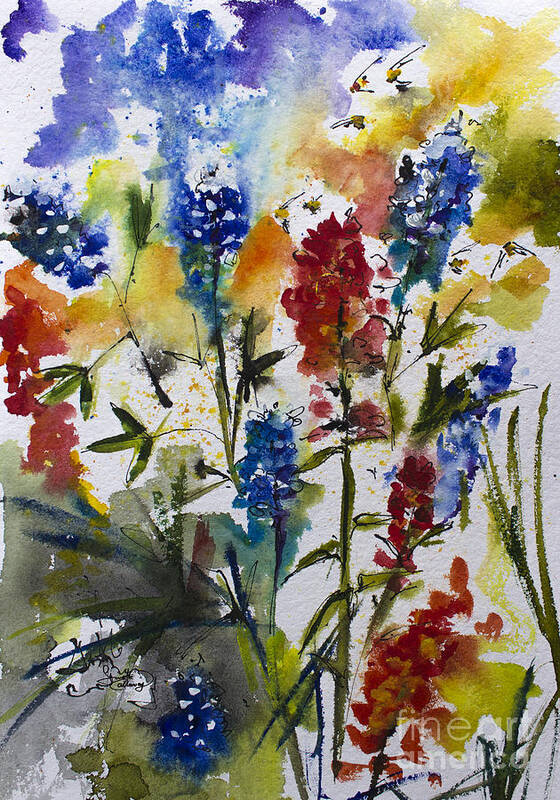 Texas Art Print featuring the painting Texas Blue Bonnets and Indian Paintbrush Watercolor by Ginette Callaway