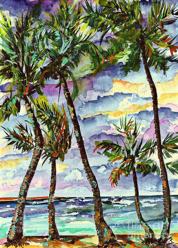 Bahamas Art Print featuring the painting Beach and Palms Tropical Watercolor Painting by Ginette Callaway