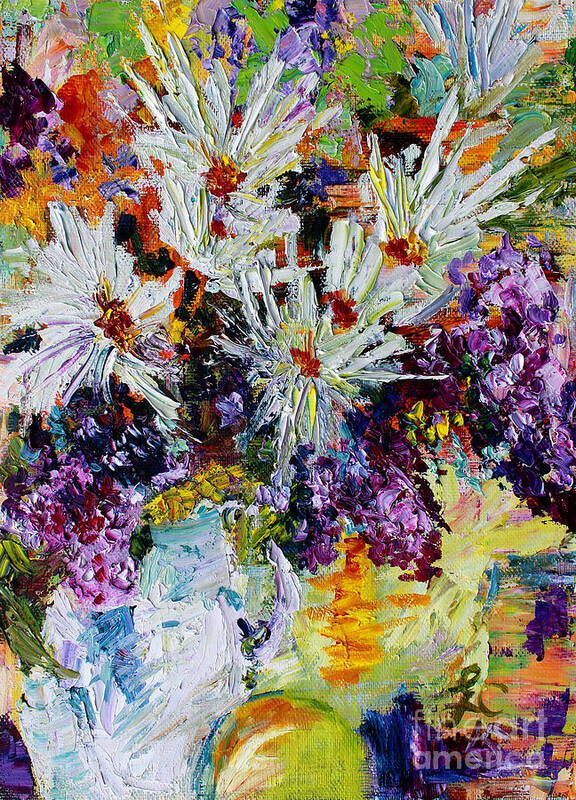 Chrysanthemums Art Print featuring the painting Chrysanthemums and Lilacs Still Life by Ginette Callaway