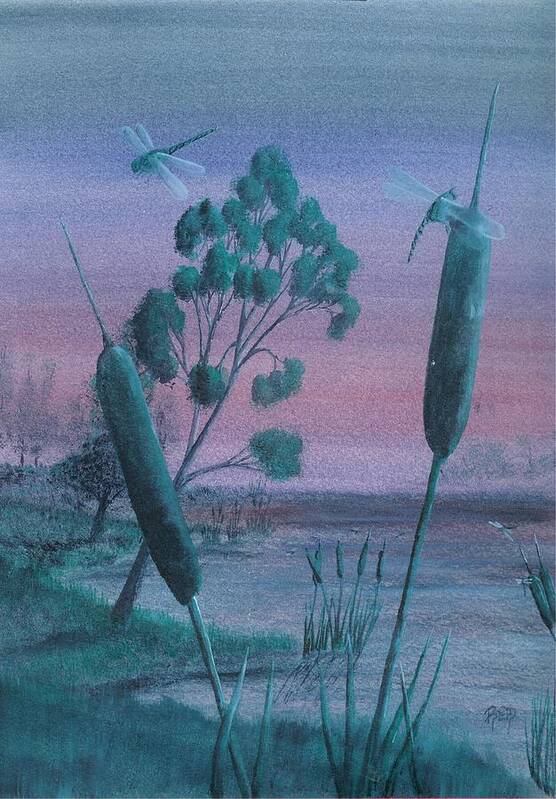 Landscape Art Print featuring the painting Dragonflies In The Dusk by Robert Meszaros