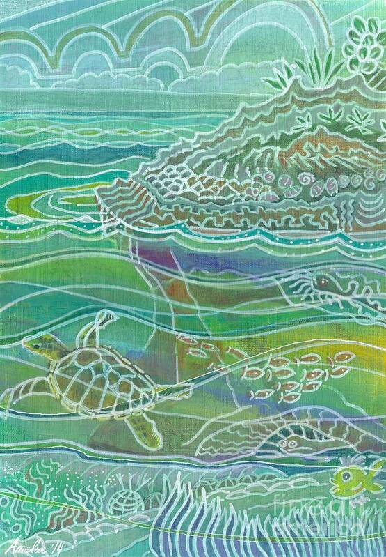 Reef Art Print featuring the mixed media Turtle at the Copper Sweeper Reef by Amelia Stephenson at Ameliaworks
