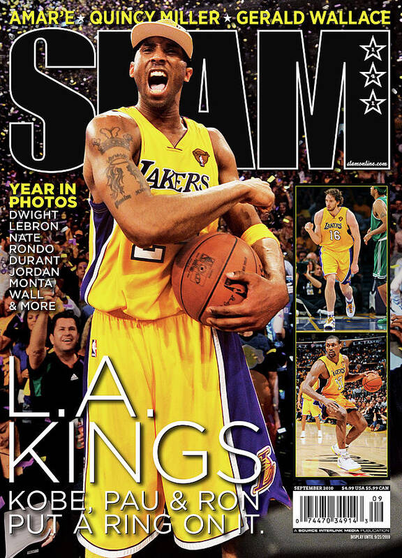 Kobe Bryant Art Print featuring the photograph L.A. Kings: Kobe, Pau & Ron Put a Ring on It SLAM Cover by Getty Images