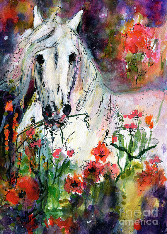 Horses Art Print featuring the painting White Andalusian Stallion in Poppy Field Painting by Ginette by Ginette Callaway
