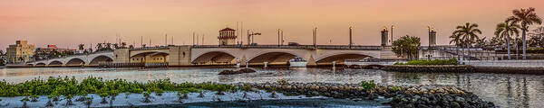 Boats Art Print featuring the photograph Flagler Bridge in Lights Panorama #2 by Debra and Dave Vanderlaan