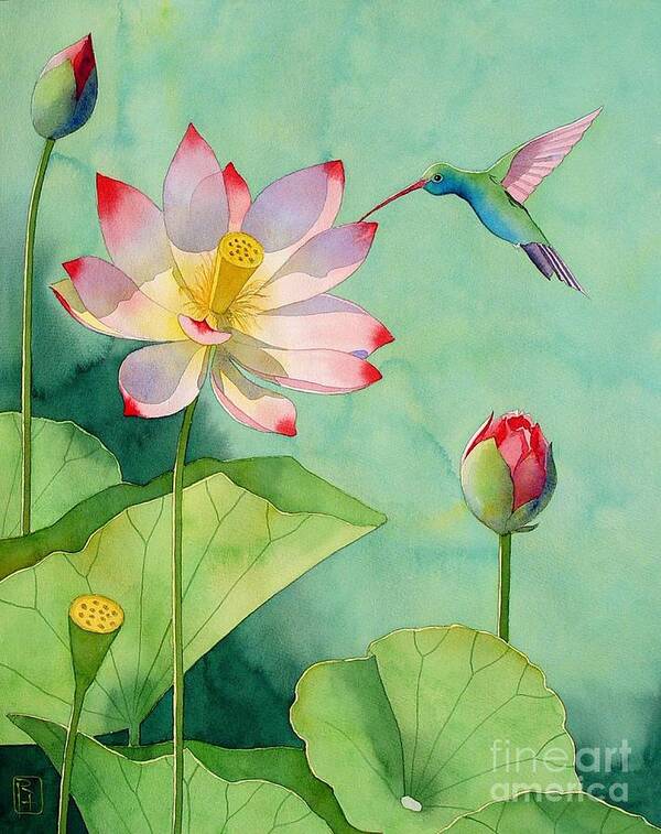 #faatoppicks Art Print featuring the painting Lotus And Hummingbird by Robert Hooper