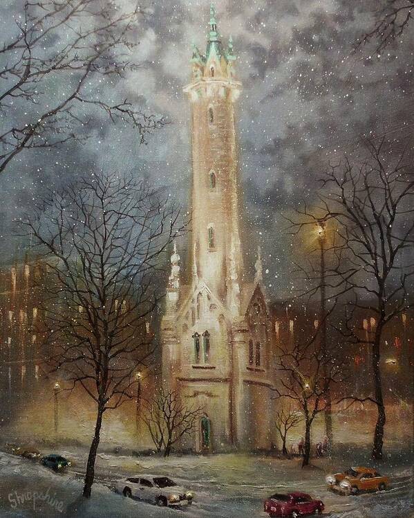City At Night Art Print featuring the painting Old Water Tower Milwaukee by Tom Shropshire