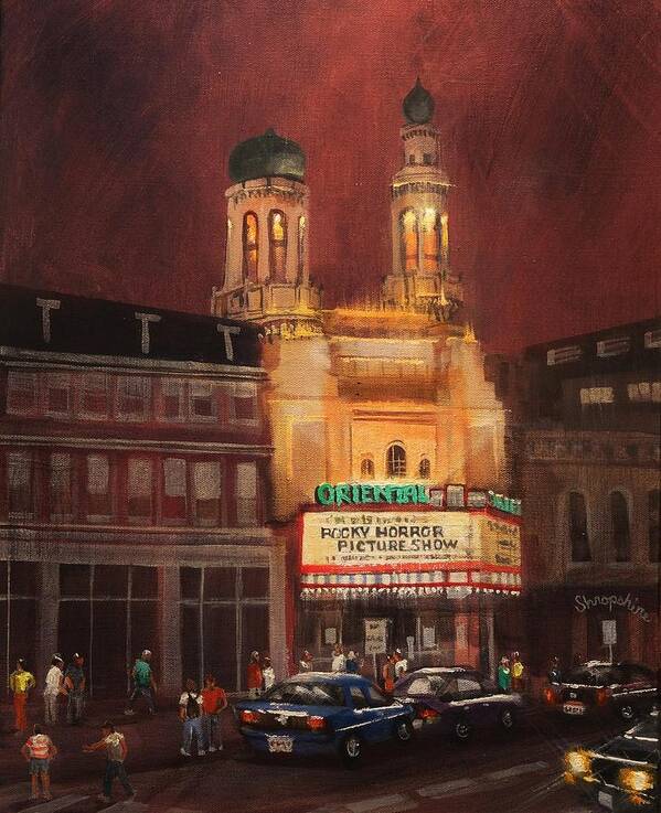 City At Night Art Print featuring the painting Oriental Theater Milwaukee by Tom Shropshire