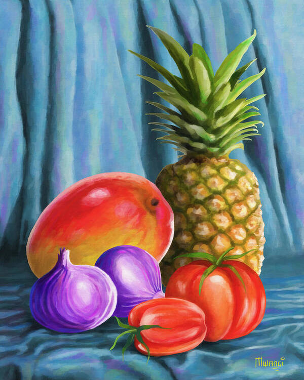 Pineapple Art Print featuring the painting Three fruits and a vegetable by Anthony Mwangi