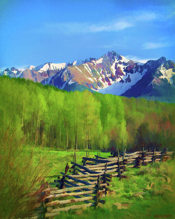  Art Print featuring the digital art Fenceline Mountains by Rick Wicker