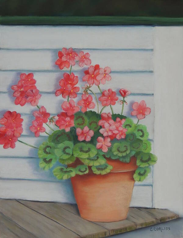 Front Art Print featuring the pastel Front Porch Geraniums by Carol Corliss