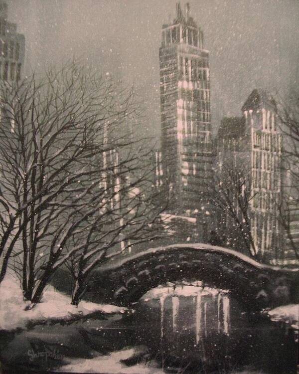 Snow Scene Art Print featuring the painting Snow in Central Park #1 by Tom Shropshire