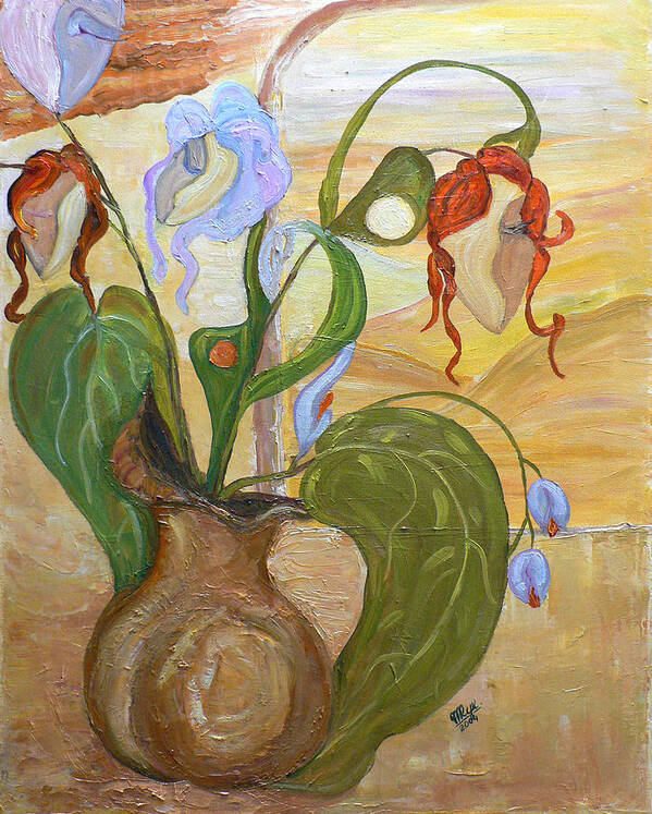 Figurative Art Paintings Art Print featuring the painting Blooming Orchids in the Vase by Mila Ryk