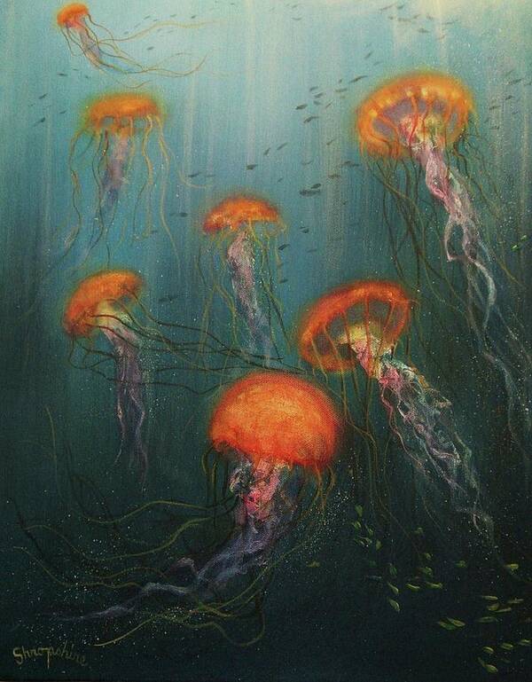 Jellies Art Print featuring the painting Dance of the Jellyfish by Tom Shropshire
